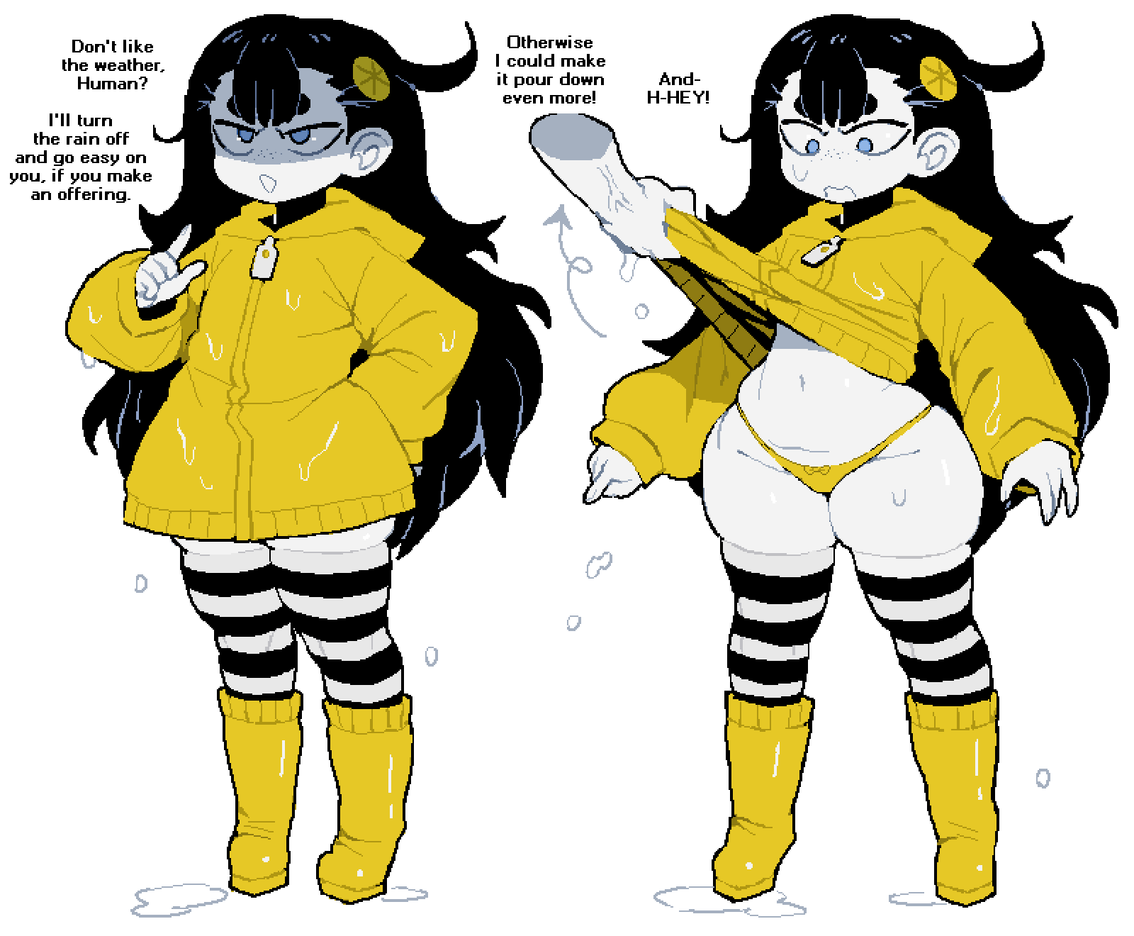 1girl 1other black_hair blue_eyes boots cibastion commentary dizzyspells english_commentary english_text freckles hair_ornament highres loli long_hair original panties puddle pulling_another's_clothes raincoat side_ahoge standing striped_clothes striped_thighhighs thick_thighs thighhighs thighs underwear white_background yellow_boots yellow_panties yellow_raincoat zipper