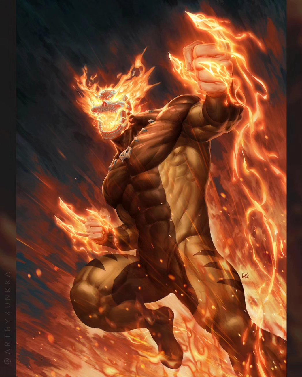 1boy bodysuit brown_bodysuit claw_(weapon) claws comic_cover commentary covered_abs covered_pectorals daken english_commentary fire flaming_skull hellverine highres kunkka male_focus marvel multicolored_bodysuit muscular muscular_male obliques official_art pectorals skin_tight skull solo superhero_costume twitter_username veins veiny_arms weapon wolverine_(x-men) x-men yellow_bodysuit