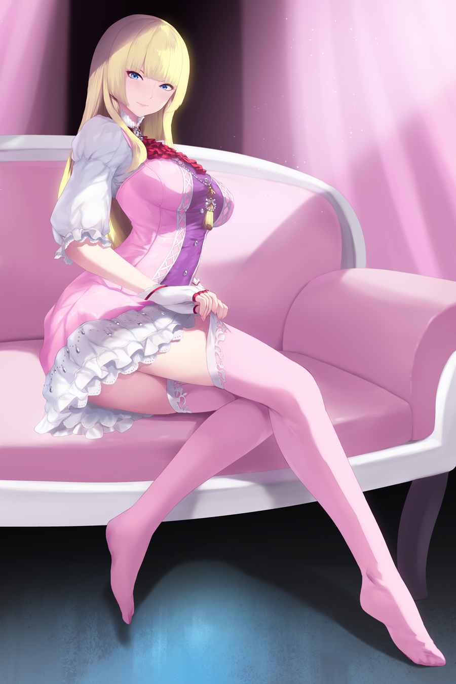 1girl blonde_hair blue_eyes blunt_bangs breasts cait_aron dress emilie_de_rochefort fingerless_gloves frilled_dress frills gloves highres hime_cut large_breasts long_hair looking_at_viewer namco pink_dress pink_thighhighs puffy_short_sleeves puffy_sleeves short_sleeves solo tekken tekken_8 thighhighs