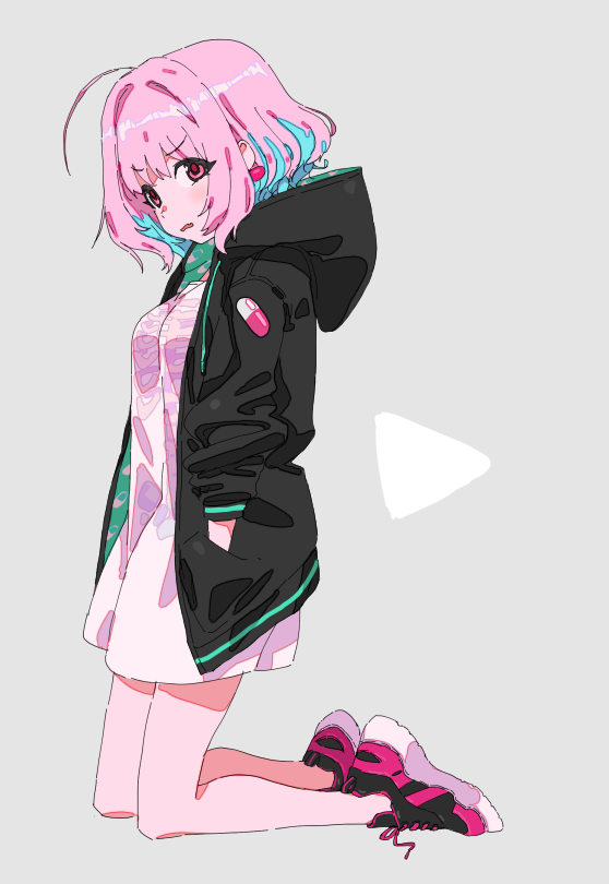 1girl angry aqua_hair black_jacket bob_cut breasts fang from_side green_trim grey_background hands_in_pockets hood hooded_jacket idolmaster idolmaster_cinderella_girls idolmaster_cinderella_girls_starlight_stage jacket kneeling looking_at_viewer medium_hair multicolored_hair oda_ya_ka open_mouth oversized_clothes oversized_shirt pill_print pink_eyes pink_hair pink_shirt pink_shoes shirt shoes simple_background skeleton_print skin_fang sneakers solo two-sided_fabric two-sided_jacket two-tone_hair v-shaped_eyebrows yumemi_riamu