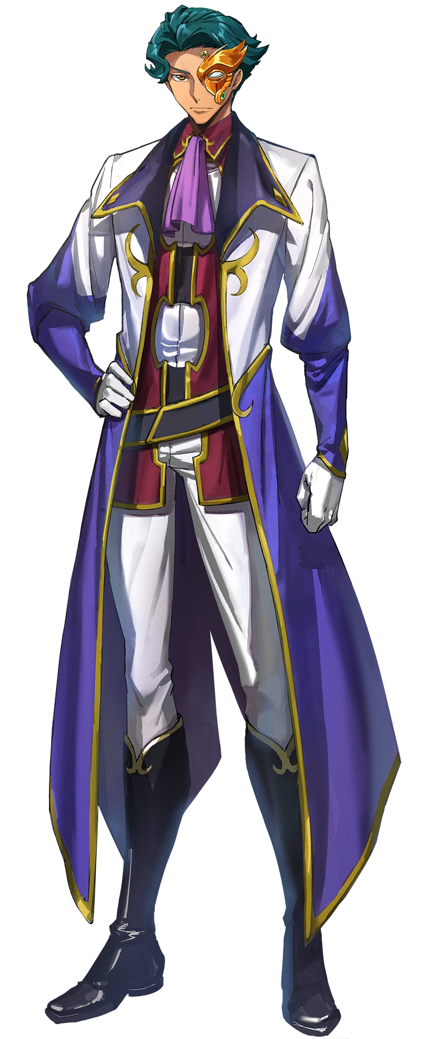 1boy ascot black_boots blue_hair boots closed_mouth code_geass code_geass:_genesic_re;code cyborg dutch_angle forehead full_body gloves hand_on_own_chest hand_on_own_thigh hand_over_heart hand_up highres jacket jeremiah_gottwald looking_afar male_focus official_art open_clothes open_jacket orange_eyes pants purple_ascot purple_sleeves raglan_sleeves red_shirt shirt short_hair simple_background solo transparent_background v-shaped_eyebrows white_gloves white_jacket white_pants