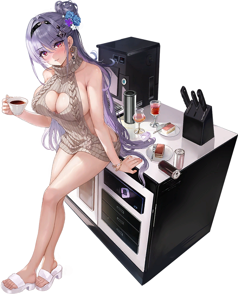 1girl artist_request backless_sweater black_hairband bracelet breasts brown_sweater cake cake_slice can cleavage cleavage_cutout clothing_cutout coffee_maker crossed_legs cup drink_can drinking_glass earrings feet flower food fork game_cg gradient_eyes hair_between_eyes hair_flower hair_ornament hairband heart_cutout holding holding_cup jewelry kirima_ruka kirima_ruka_(oath) knife_block large_breasts leaning_on_object legs long_hair looking_at_viewer multicolored_eyes non-web_source official_alternate_costume official_art parted_lips plate poker_fate purple_eyes purple_hair red_eyes ribbed_sweater sandals sideboob slippers soda_can solo sweater tea teacup toes transparent_background turtleneck turtleneck_sweater very_long_hair virgin_killer_sweater white_slippers