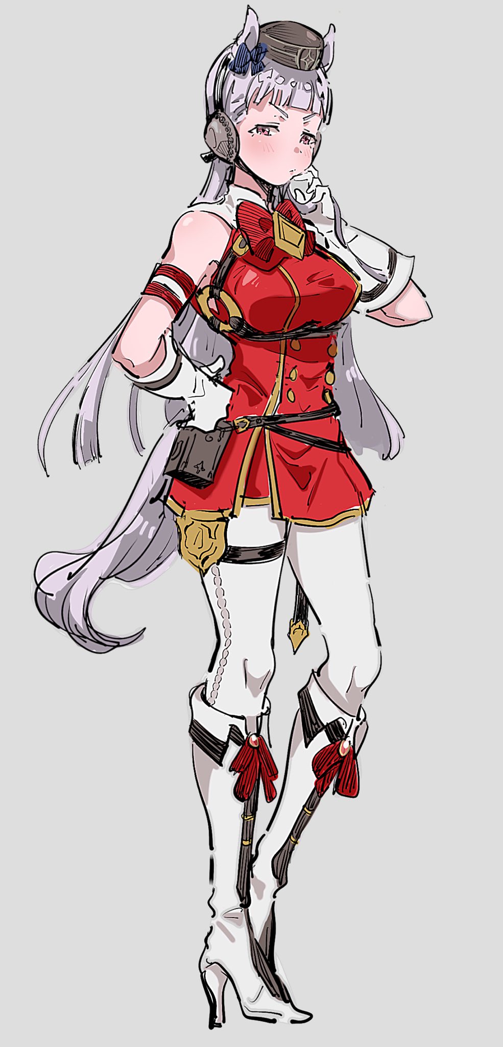 1girl an_(tmso_ntm) animal_ears armband bare_shoulders blunt_bangs blush boots bow bowtie breasts brown_hat closed_mouth dress ear_bow ear_ribbon full_body gloves gold_ship_(red_strife)_(umamusume) gold_ship_(umamusume) grey_hair hat highres horse_ears horse_girl horse_tail leggings long_hair medium_breasts pantyhose pillbox_hat purple_bow purple_eyes red_bow red_dress sleeveless sleeveless_dress solo striped_armband striped_clothes tail thigh_strap umamusume white_boots white_gloves white_leggings white_pantyhose