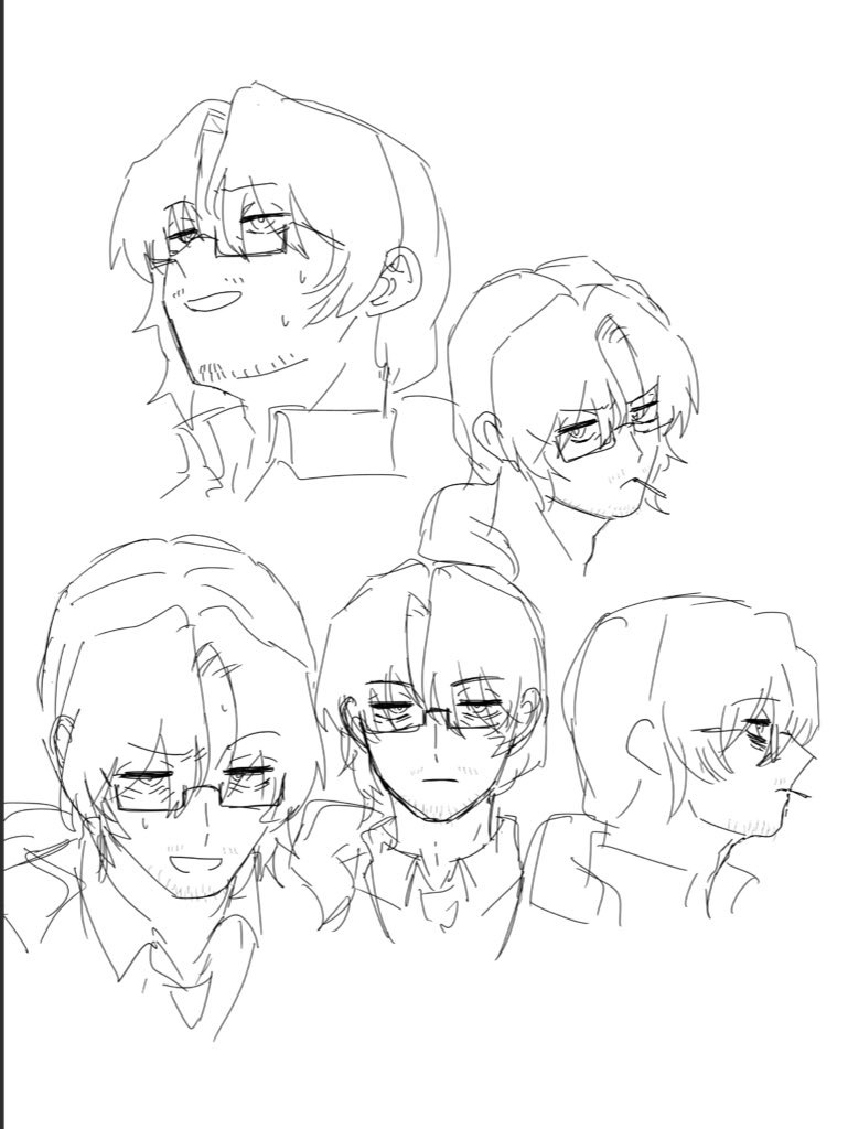 1boy :d absurdres angry annoyed bags_under_eyes beard_stubble cigarette closed_mouth collage collared_shirt expressionless eyes_visible_through_hair facial_hair facing_viewer forced_smile from_above from_below from_front from_side frown furrowed_brow glaring glasses gregor_(project_moon) greyscale hair_between_eyes half-closed_eyes highres jitome kikkoinu limbus_company lineart long_hair looking_ahead looking_at_viewer looking_to_the_side looking_up low_ponytail male_focus monochrome mouth_hold multiple_expressions multiple_views nervous nervous_smile open_mouth parted_bangs photoshop_(medium) ponytail portrait profile project_moon sanpaku scowl semi-rimless_eyewear serious shirt sideways_glance simple_background sketch smile smirk smoking smug solo straight-on stubble sweatdrop traditional_media under-rim_eyewear upper_body white_background