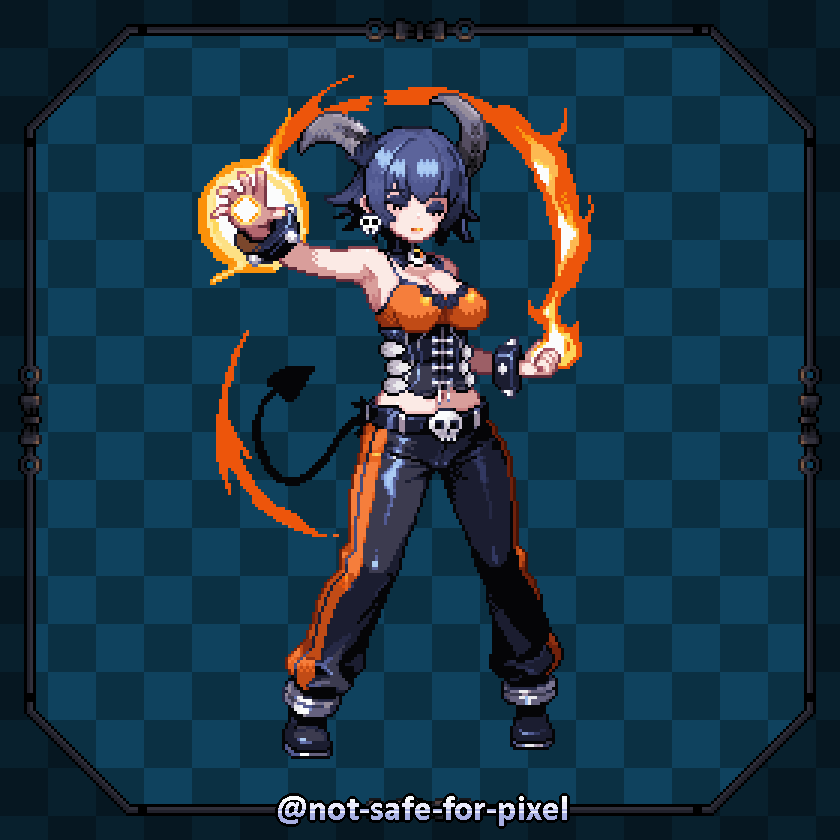 1girl arm_up armpits artist_name belt black_pants black_shoes blue_background blue_eyeshadow blue_hair border bracelet breasts checkered_background cleavage clenched_hand closed_eyes closed_mouth commission corset demon_girl demon_horns demon_tail detached_collar earrings eyeshadow female_focus fire full_body fusion gen_2_pokemon grey_horns hair_flaps hand_up horns houndoom jewelry legs_apart makeup medium_breasts midriff nintendo notsafeforpixel orange_shirt pants pixel_art pokemon pokemon_rgby pyrokinesis sabrina_(pokemon) shiny_clothes shirt shoes short_hair skull_belt skull_earrings sleeveless sleeveless_shirt solo spaghetti_strap standing studded_bracelet tail twitter_username u_u watermark