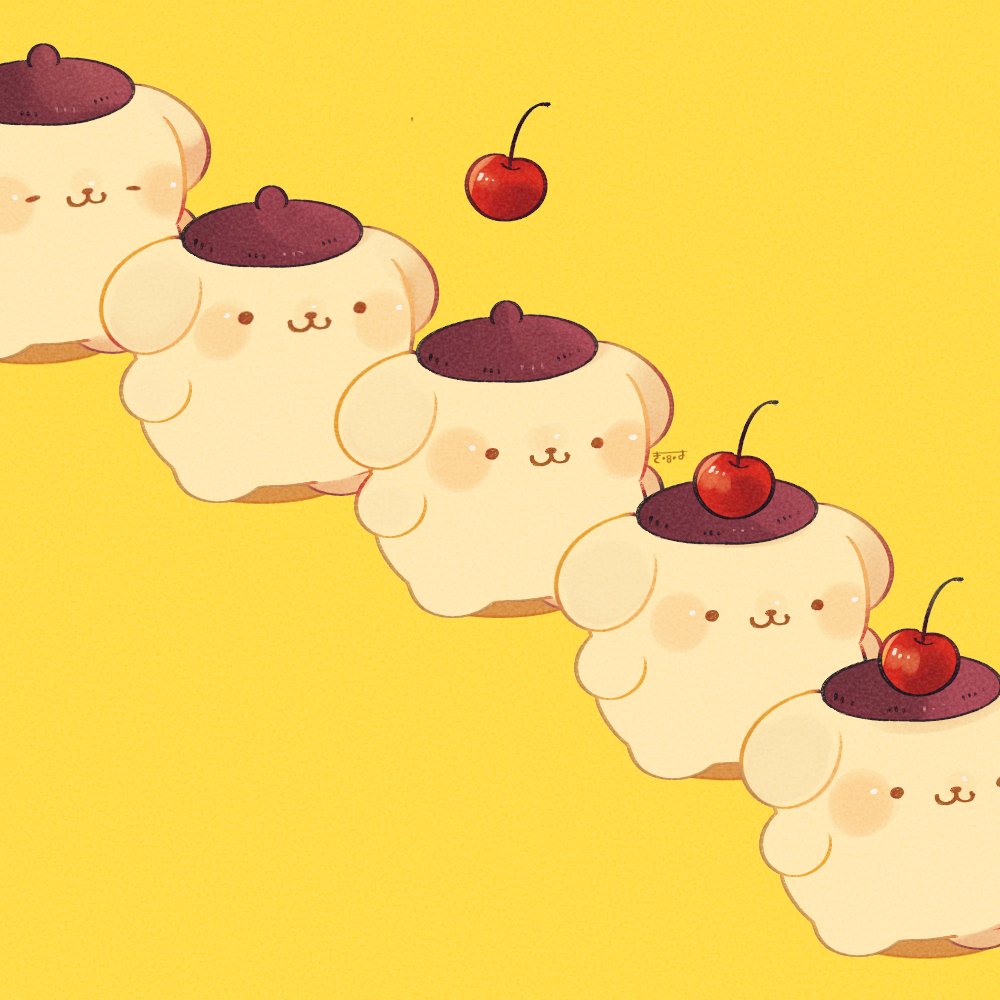 :3 animal animal_focus blush_stickers cherry chibi chibi_only clone commentary dog food fruit no_humans pompompurin sanrio simple_background solid_circle_eyes tenmiyakiyo yellow_background yellow_dog