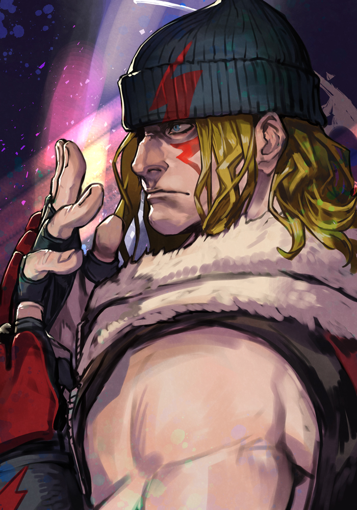 1boy adjusting_clothes adjusting_gloves alex_(street_fighter) arms_up beanie biceps black_hat black_jacket blonde_hair closed_mouth facial_mark fingerless_gloves from_side frown fur-trimmed_jacket fur_trim gloves hair_behind_ear hat hungry_clicker jacket lightning_bolt_facial_mark lightning_bolt_symbol male_focus medium_hair multicolored_gloves muscular muscular_male profile sleeveless sleeveless_jacket solo street_fighter street_fighter_6 upper_body white_fur zipper