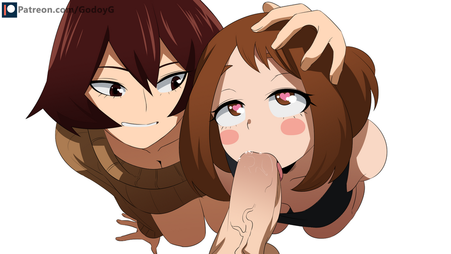 1boy 2girls arm_support artist_name assisted_fellatio bisexual_female black_tank_top boku_no_hero_academia breasts brown_eyes brown_hair brown_sweater cleavage erection felipe_godoy fellatio from_above hand_on_another's_head heart heart-shaped_pupils hetero kneeling large_penis looking_at_another mandalay_(boku_no_hero_academia) matching_hair/eyes medium_breasts medium_hair multiple_girls oral patreon_logo patreon_username penis pov rolling_eyes saliva sexual_coaching short_hair sidelocks simple_background smile source_request sweat sweater symbol-shaped_pupils tank_top uncensored uraraka_ochako watermark web_address white_background