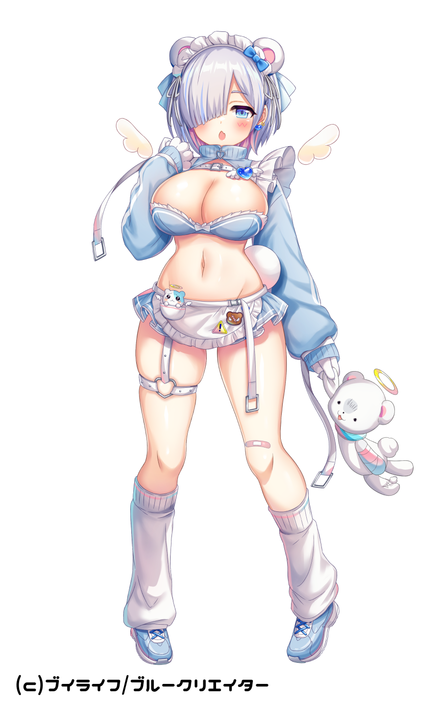1girl animal_ears apron bandaid bandaid_on_leg bear_ears blue_creator blue_eyes blue_shoes blue_skirt blush breasts character_request cleavage commentary_request frilled_apron frills full_body grey_hair hair_over_one_eye halo hand_up highres holding holding_stuffed_toy ichigo_seika large_breasts long_sleeves loose_socks multicolored_hair navel official_art open_mouth pink_hair pleated_skirt puffy_long_sleeves puffy_sleeves shoes shrug_(clothing) simple_background skirt sleeves_past_wrists socks solo standing stuffed_animal stuffed_toy teddy_bear two-tone_hair vlife white_apron white_background white_socks