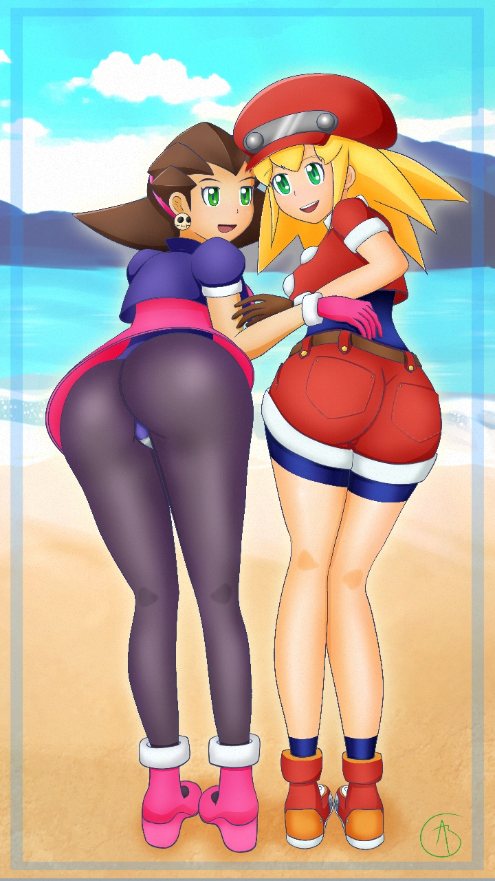 2girls alexander_b_c artist_name ass ass_focus blonde_hair boots breasts brown_hair capcom from_behind gloves green_eyes hairband hat leaning leaning_forward long_hair looking_back medium_breasts mega_man_(series) mega_man_legends_(series) mega_pokemon multiple_girls open_mouth pantyhose pokemon roll_caskett_(mega_man) short_shorts shorts sideboob smile tron_bonne_(mega_man)