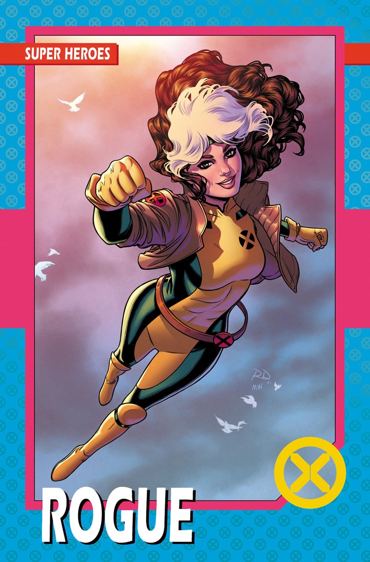 1girl belt bird blue_border bodysuit boots border breasts brown_belt brown_hair brown_jacket character_name clenched_hand cloud comic_cover commentary copyright_logo covered_abs cropped_jacket english_commentary floating_hair flying gloves green_bodysuit green_eyes green_headband grin headband jacket logo long_hair looking_at_viewer marvel matt_wilson medium_breasts multicolored_bodysuit multicolored_hair muscular muscular_female official_art rogue_(x-men) russell_dauterman sleeves_rolled_up smile solo superhero_costume two-tone_bodysuit western_comics_(style) white_hair x-men yellow_bodysuit yellow_boots yellow_gloves