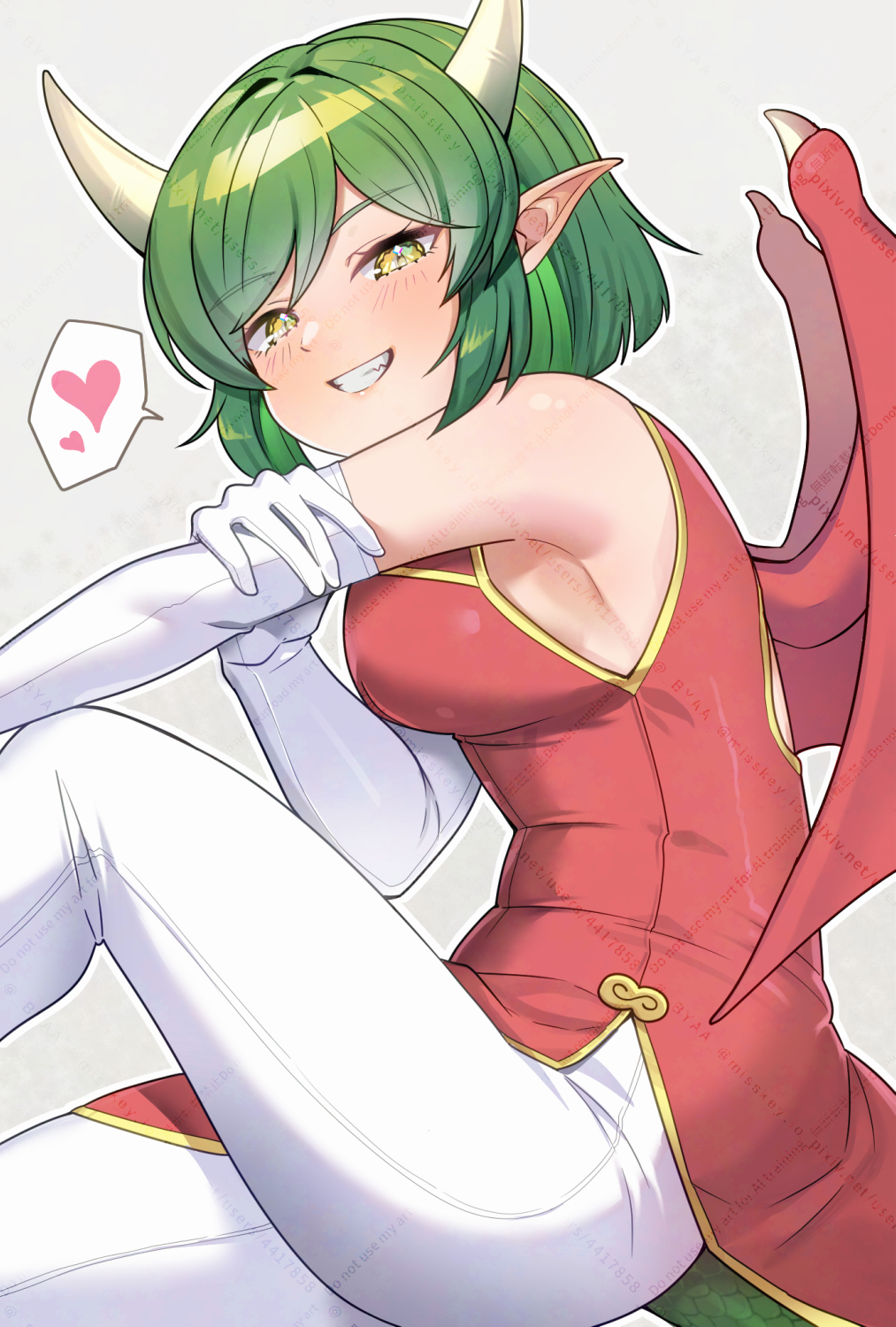 1girl adjusting_clothes adjusting_gloves blush china_dress chinese_clothes commentary_request draco_centauros dragon_girl dragon_horns dragon_tail dragon_wings dress elbow_gloves fang feet_out_of_frame from_side gloves gold_trim green_hair grey_background grin hair_intakes heart highres horns knee_up leggings looking_at_viewer matsumoto-san partial_commentary pointy_ears puyopuyo red_dress short_hair simple_background sitting sleeveless sleeveless_dress smile solo speech_bubble spoken_heart swept_bangs tail white_gloves white_leggings wings yellow_eyes