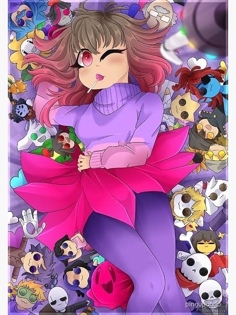 asgore_dreemurr asriel_dreemurr bete_noire brown_hair candy chara_(undertale) flowey_(undertale) food frisk_(undertale) glitchtale jessica_grey lollipop muffet one_eye_closed papyrus_(undertale) pink_eyes pink_hair pink_sweater purple_sweater purple_thighhighs sans_(undertale) short_hair skirt stuffed_toy sweater thighhighs toriel toy undertale undyne utdr_(toby_fox)