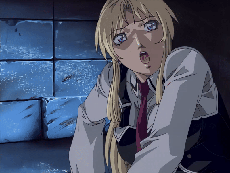 00s 1girl 2003 animated animated_gif basement bible_black bible_black_night_of_the_walpulgiss black_thighhighs blonde_hair bouncing_breasts bow bowtie breasts crawling high_ponytail large_breasts ponytail purple_eyes red_skirt saeki_kaori scared school_uniform shirt skirt solo sweat tagme thighhighs thighs white_shirt