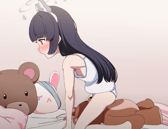 1girl angie_(meganekko-geki-love-1008) animal_ears animated animated_gif black_hair blue_archive blush breasts camisole crotch_rub fake_animal_ears female_masturbation from_side grey_halo halo humping kneeling loli long_hair looping_animation masturbation miyu_(blue_archive) nipple_slip nipples panties rabbit_ears red_eyes sideboob small_breasts solo stuffed_animal stuffed_toy teddy_bear underwear underwear_only white_camisole white_panties