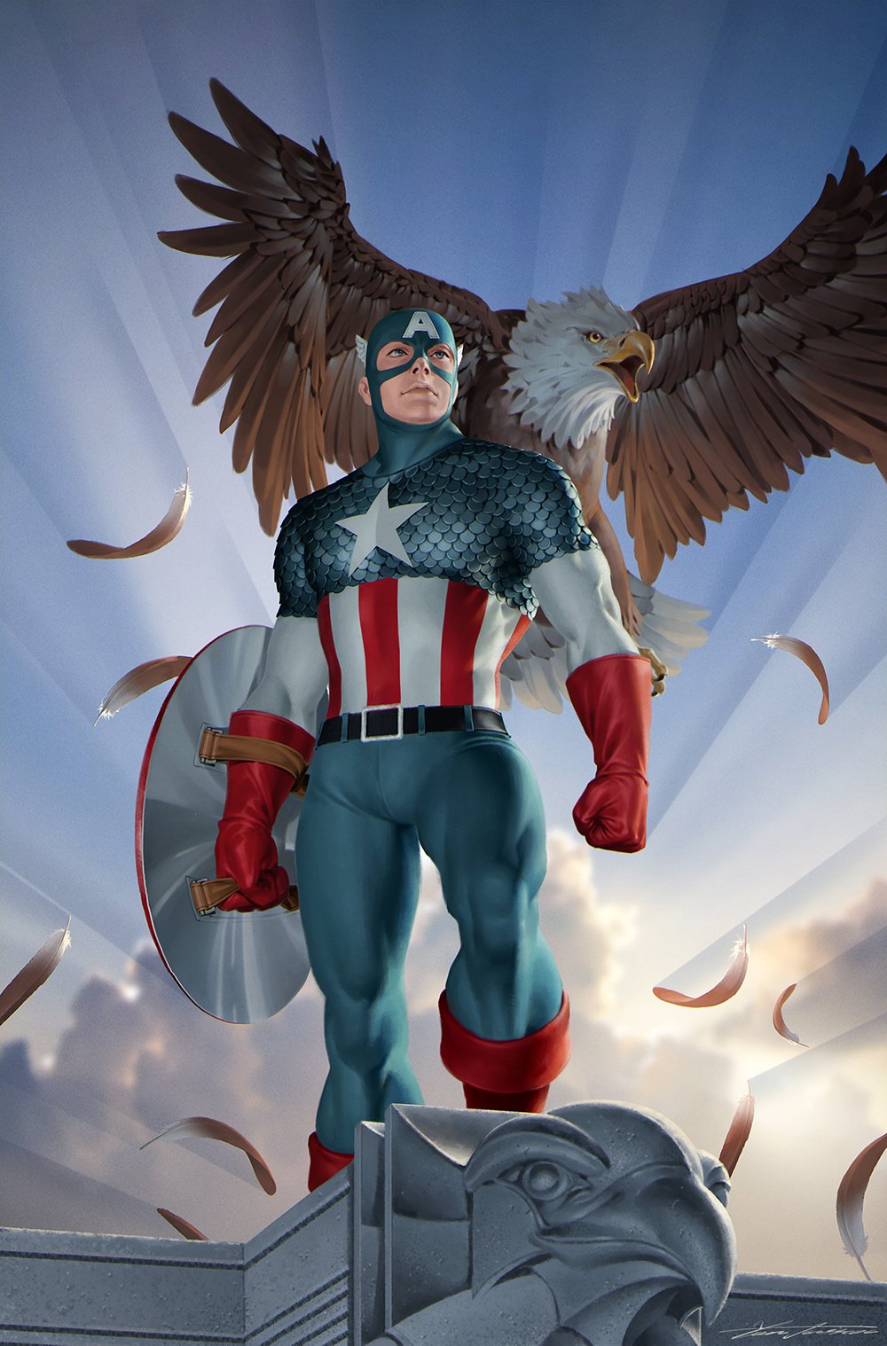 1boy armor bald_eagle belt bird black_belt blue_bodysuit blue_eyes blue_sky bodysuit boots captain_america captain_america_(series) cloud comic_cover commentary dawn eagle english_commentary feathers gloves highres holding holding_shield looking_up male_focus marvel multicolored_bodysuit muscular muscular_male official_art patriotism red_bodysuit red_boots red_gloves scale_armor shield signature sky solo steve_rogers striped_bodysuit superhero_costume white_bodysuit winged_headwear yoon_junggeun