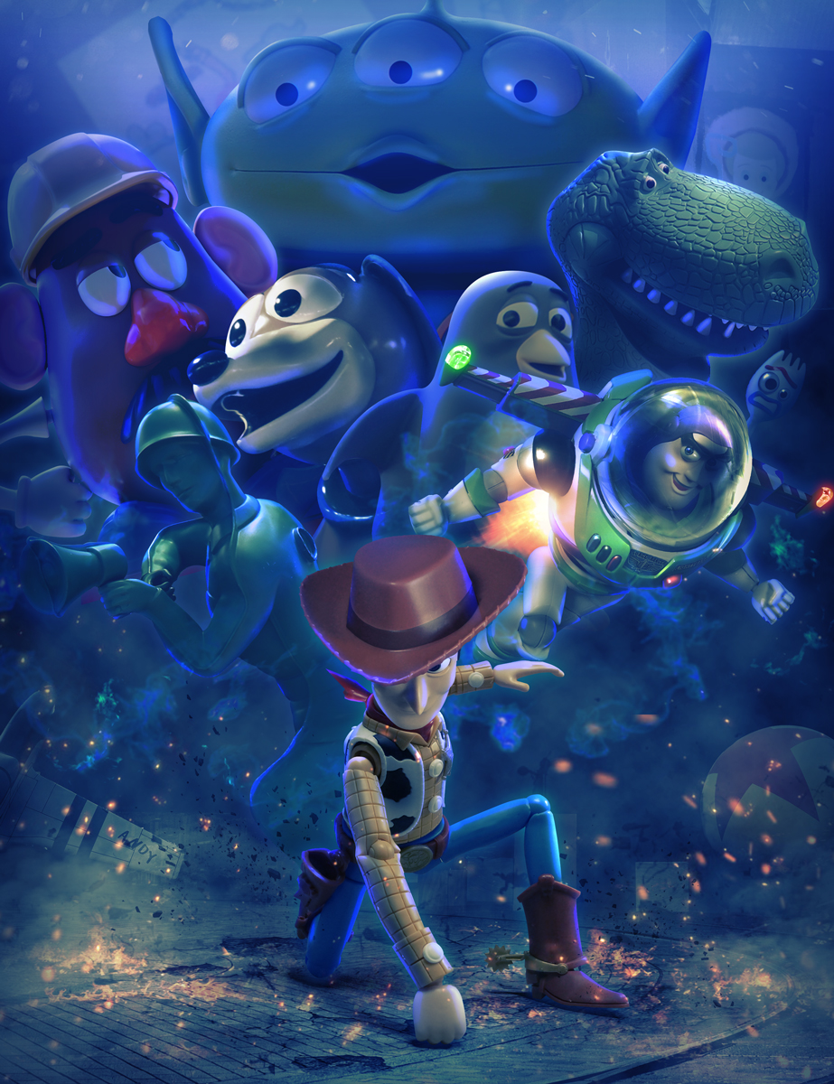 alien_(toy_story) army_men ball belt bird bo_peep_(toy_story) boots buzz_lightyear character_request cowboy cowboy_hat fork hat highres hiropon_(tasogare_no_puu) mr._potato_head penguin pixar rex_(toy_story) sheriff_badge sheriff_woody slink_(toy_story) spacesuit spurs toy toy_story cowboy_western