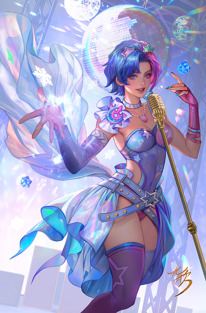 1girl aqua_nails asymmetrical_gloves asymmetrical_legwear belt blue_eyes blue_hair blue_nails blue_thighhighs breasts character_logo choker cleavage clothing_cutout comic_cover commentary covered_navel cowboy_shot disco_ball english_commentary fan_yang_(jiuge) fingerless_gloves gloves hair_ornament heterochromia hip_vent jewelry leotard looking_at_viewer luna_snow marvel marvel_rivals medium_breasts microphone microphone_stand mismatched_gloves mismatched_legwear multicolored_hair multicolored_nails necklace official_alternate_costume official_art open_mouth pink_eyes pink_gloves pink_hair pink_lips purple_belt purple_gloves purple_leotard purple_thighhighs short_hair sideboob snowflake_ornament solo split-color_hair star_(symbol) star_hair_ornament strapless strapless_leotard thighhighs white_choker
