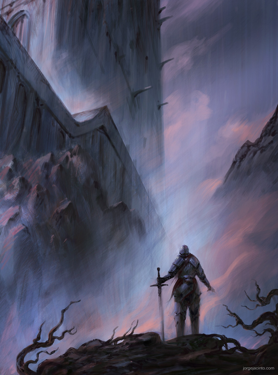 armor branch cloud cloudy_sky commentary english_commentary from_behind greatsword highres jjcanvas knight landscape medieval mountain original painterly plant_roots rock scenery sky standing stone_wall sword watermark weapon web_address