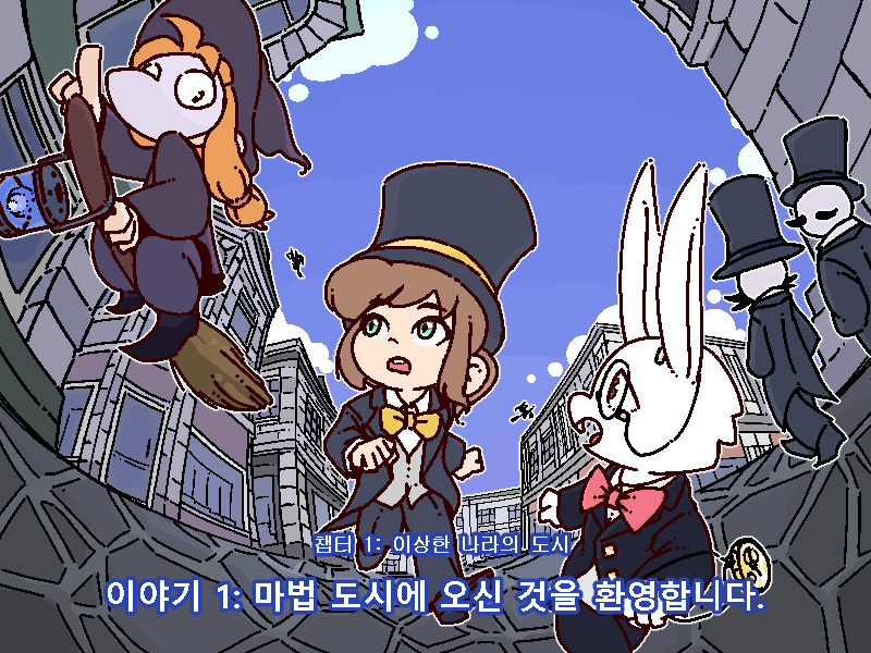 1girl a_hat_in_time alternate_costume animal_ears black_hat black_shoes black_suit blue_eyes blue_sky bow bowtie broom broom_riding brown_hair buttons character_request child cloud commentary_request copyright_request formal_clothes furry glasses grey_vest hat hat_kid korean_commentary korean_text long_sleeves looking_at_another nahae1224 orange_hair pointing ponytail rabbit_ears red_bow red_bowtie shirt shoes sidelocks sky suit top_hat translation_request vest white_shirt witch_hat yellow_bow yellow_bowtie