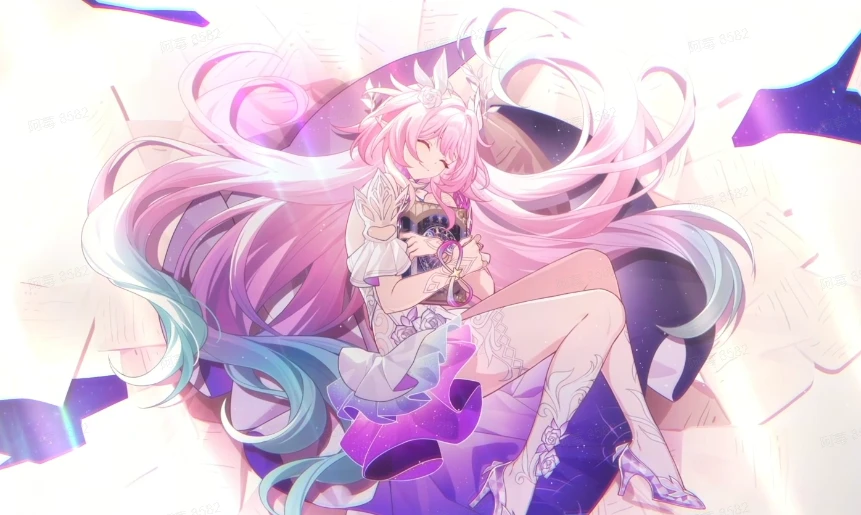 1girl aqua_hair book chinese_commentary closed_eyes closed_mouth commentary_request cyrene_(demiurge)_(honkai:_star_rail) cyrene_(honkai:_star_rail) dress flower fuyujiang gradient_hair hair_flower hair_ornament high_heels holding holding_book honkai:_star_rail honkai_(series) hugging_book hugging_object long_hair multicolored_hair pink_hair pointy_ears smile solo very_long_hair white_dress