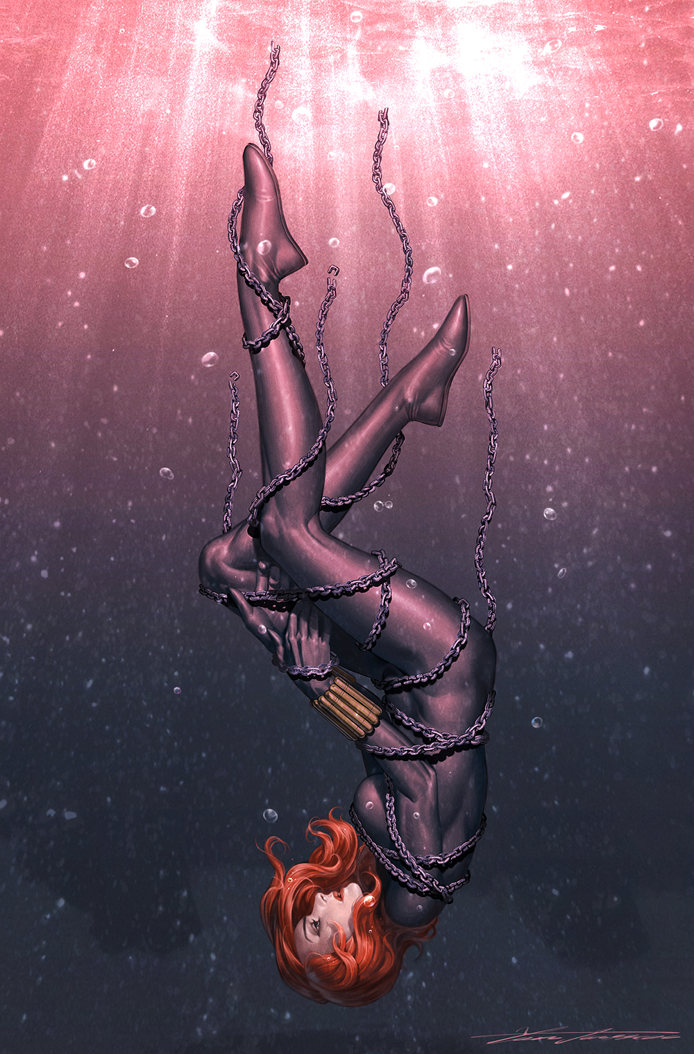 1girl air_bubble avengers_(series) black_bodysuit black_gloves black_widow bodysuit bound bubble chain comic_cover commentary english_commentary full_body gloves gradient_background grey_background grey_eyes highres marvel medium_hair natasha_romanoff official_art profile red_background red_hair red_lips signature solo underwater upside-down yoon_junggeun