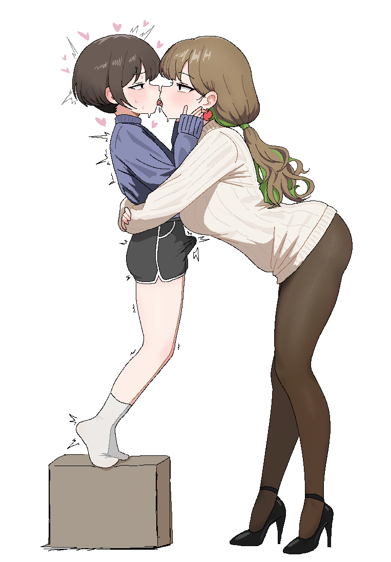 1boy 1girl age_difference black_shoes blue_sweater blush breasts brown_hair brown_pantyhose bulge cocktiel77 commentary_request dolphin_shorts erection erection_under_clothes eye_contact french_kiss from_side full_body green_hair height_difference hetero high_heels hug kiss korean_commentary large_breasts leaning_forward long_hair looking_at_another multicolored_hair onee-shota original pantyhose shoes shorts shota socks standing standing_on_box sweater tongue tongue_out trembling two-tone_hair white_socks white_sweater