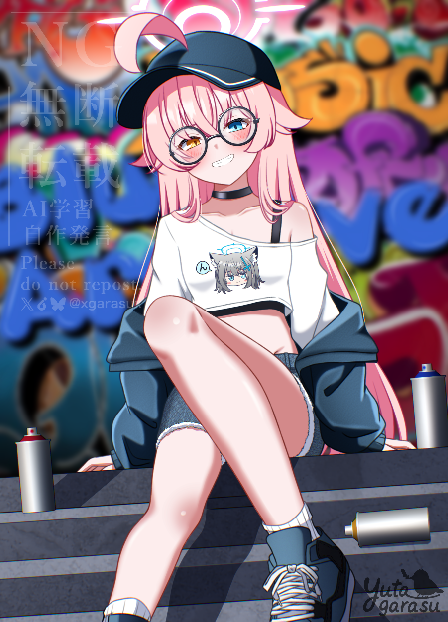 1girl ahoge baseball_cap black-framed_eyewear black_hat black_jacket black_shoes blue_archive blue_eyes blurry blurry_background blush brown_eyes character_profile commentary_request crop_top cutoffs denim denim_shorts depth_of_field glasses graffiti grey_shorts grin groin hair_between_eyes hair_through_headwear halo hat heterochromia highres hoshino_(blue_archive) jacket long_hair long_sleeves midriff off_shoulder open_clothes open_jacket paid_reward_available pink_hair puffy_long_sleeves puffy_sleeves round_eyewear shiroko_(blue_archive) shirt shoes short_shorts shorts signature sitting sitting_on_stairs smile solo spray_can stairs streetwear very_long_hair watermark white_shirt yutagarasu