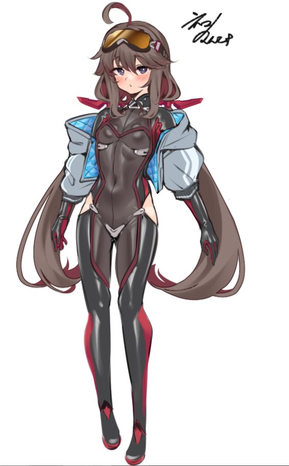 1girl ahoge bodysuit borrowed_character breasts brown_hair character_request clothing_cutout commentary_request full_body goggles goggles_on_head hip_vent jacket long_hair long_sleeves multicolored_hair neko_mantis open_clothes open_jacket original padded_jacket purple_eyes red_hair ski_goggles small_breasts solo twintails two-sided_fabric two-sided_jacket two-tone_hair