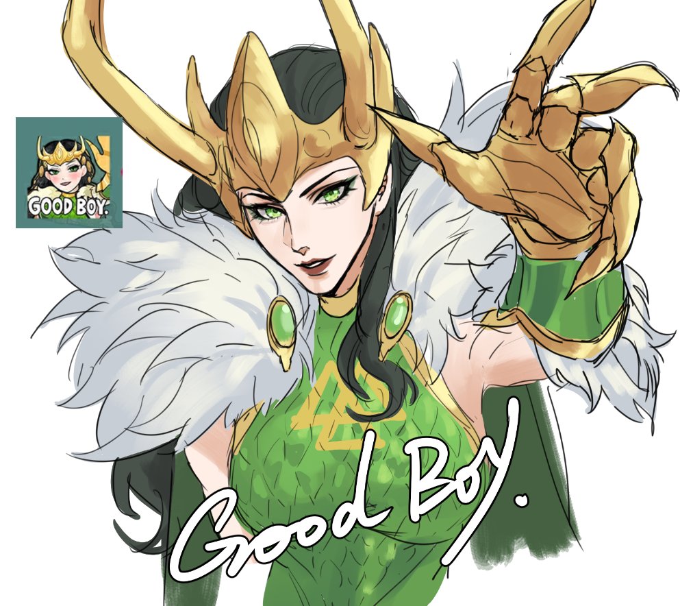 1girl armor black_hair cape commentary english_commentary english_text fake_horns fur-trimmed_cape fur_trim game_screenshot_inset gold_gloves green_armor green_cape green_eyes horned_headwear horns kurokawa_karasu lady_loki loki_(marvel) marvel marvel_rivals official_art_redraw parted_lips petting reaching reaching_towards_viewer red_lips scale_armor screenshot_inset sketch solo thor_(marvel)_(series) upper_body white_background