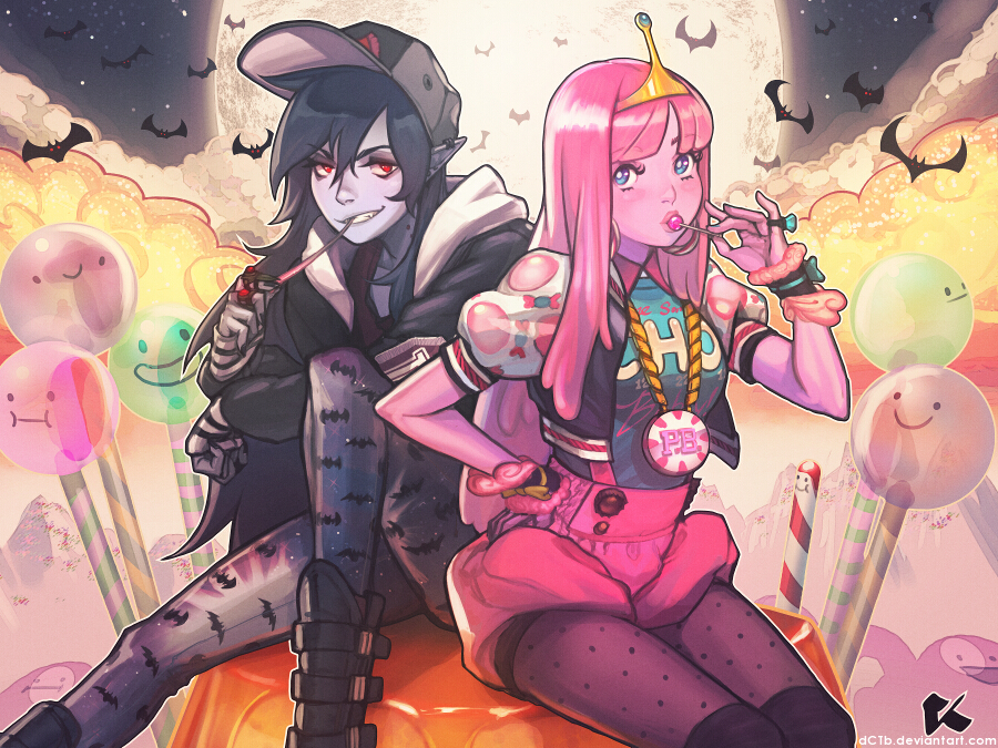 2girls :d :i adventure_time animal_print bat_(animal) bat_print bite_mark black_hair black_nails blue_eyes boots caleb_thomas candy cartoon_network chewing_gum colored_skin cropped_jacket fingerless_gloves food full_moon gloves grey_skin hat hime_cut hood hoodie jacket jewelry lips lollipop long_hair looking_at_viewer marceline_abadeer messy_hair moon multiple_girls nail_polish necklace night open_mouth pantyhose patterned_legwear piercing pink_hair pink_skin pointy_ears polka_dot polka_dot_legwear princess_bonnibel_bubblegum print_legwear red_eyes ring shorts sitting smile smirk tiara vampire watermark