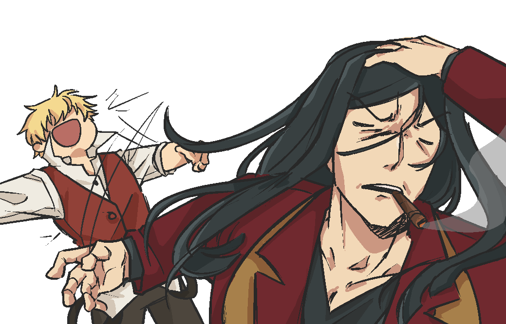 2boys black_hair blonde_hair brown_vest cigar closed_eyes coat commentary fate/strange_fake fate_(series) flat_escardos lee_4830 long_hair lord_el-melloi_ii meme multiple_boys naoya_hitting_choso_without_looking_(meme) open_mouth red_coat short_hair symbol-only_commentary vest waver_velvet