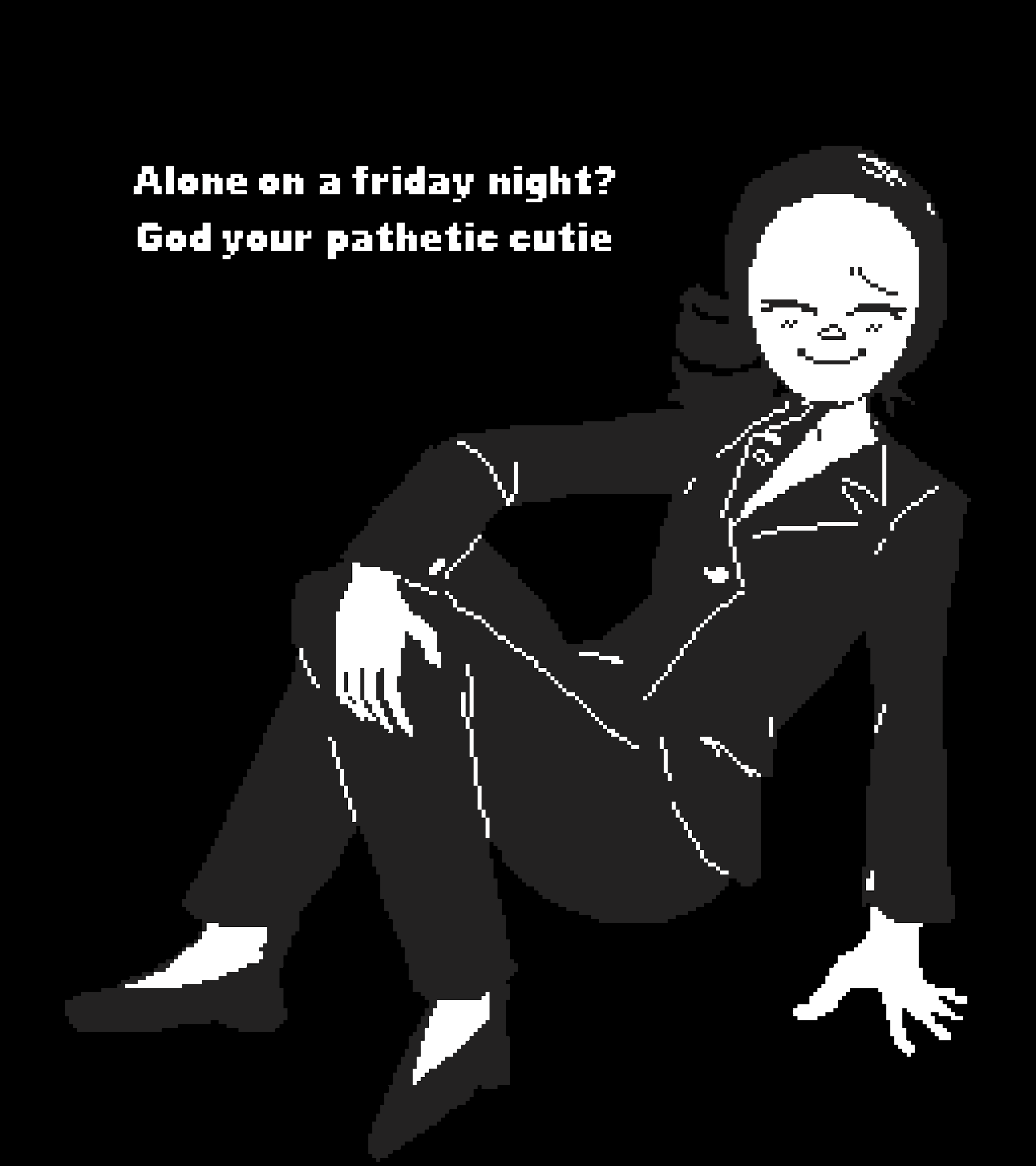 1girl alone_on_a_friday_night?_(meme) black_hair blush breasts closed_eyes closed_mouth curly_hair drill_hair drill_ponytail female female_focus formal_clothes greyscale imscared jacket meme monochrome restorer_(imscared) skinny slip-on_shoes small_breasts smile suit suit_jacket text_background tobby