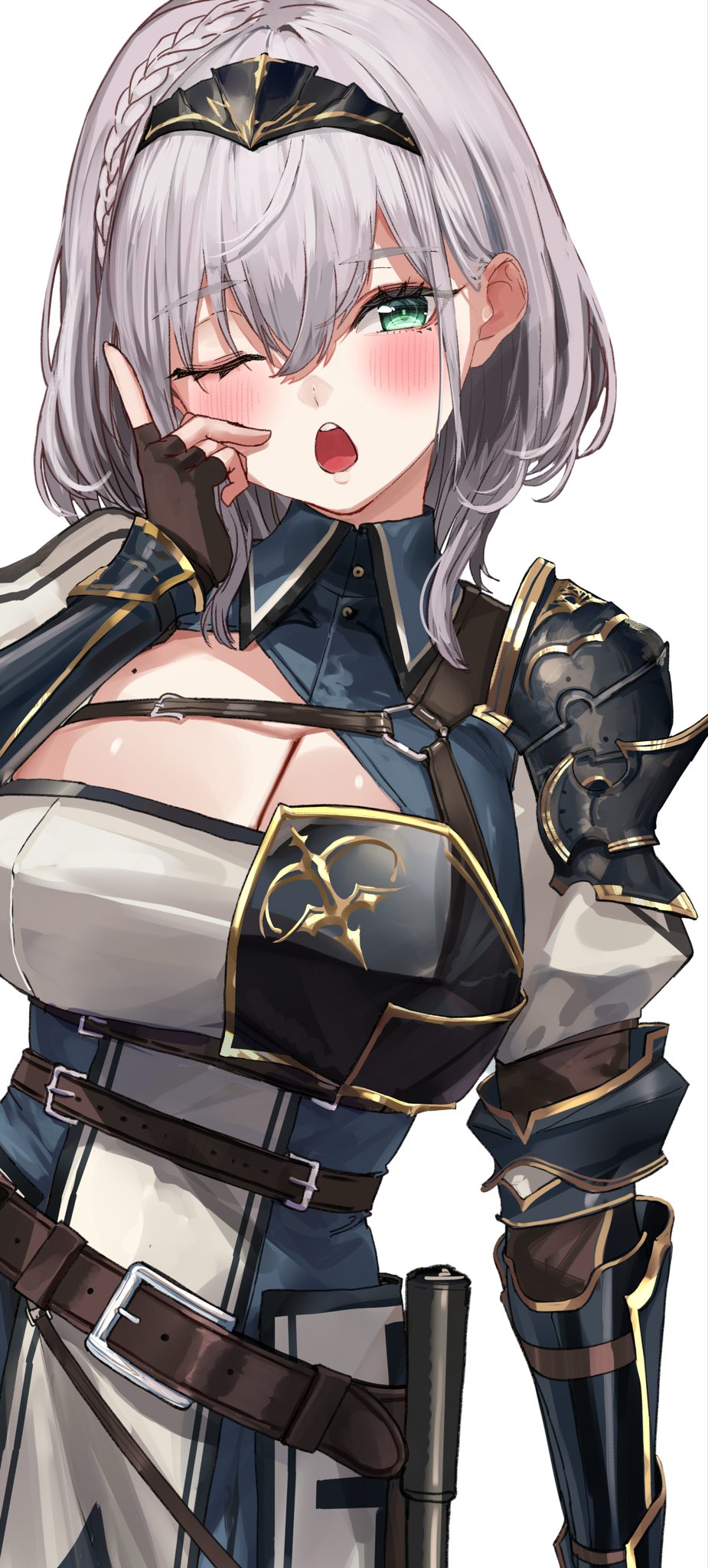 1girl ;o akasaai armor armored_dress belt belt_pouch black_gloves braid breasts brown_belt chest_guard chest_strap cleavage cleavage_cutout clothing_cutout collared_dress commentary_request double-parted_bangs dress fingerless_gloves gloves green_eyes grey_dress grey_hair hairband hand_up highres hololive large_breasts leather_belt medium_hair mole mole_on_breast one_eye_closed pauldrons pouch shirogane_noel shirogane_noel_(1st_costume) shoulder_armor side_braid single_pauldron solo tabard vambraces virtual_youtuber wavy_hair