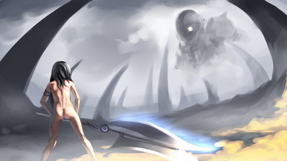 bad_tag ass back black_hair huge_weapon loli long_hair nude observerz original outdoors robot science_fiction solo weapon