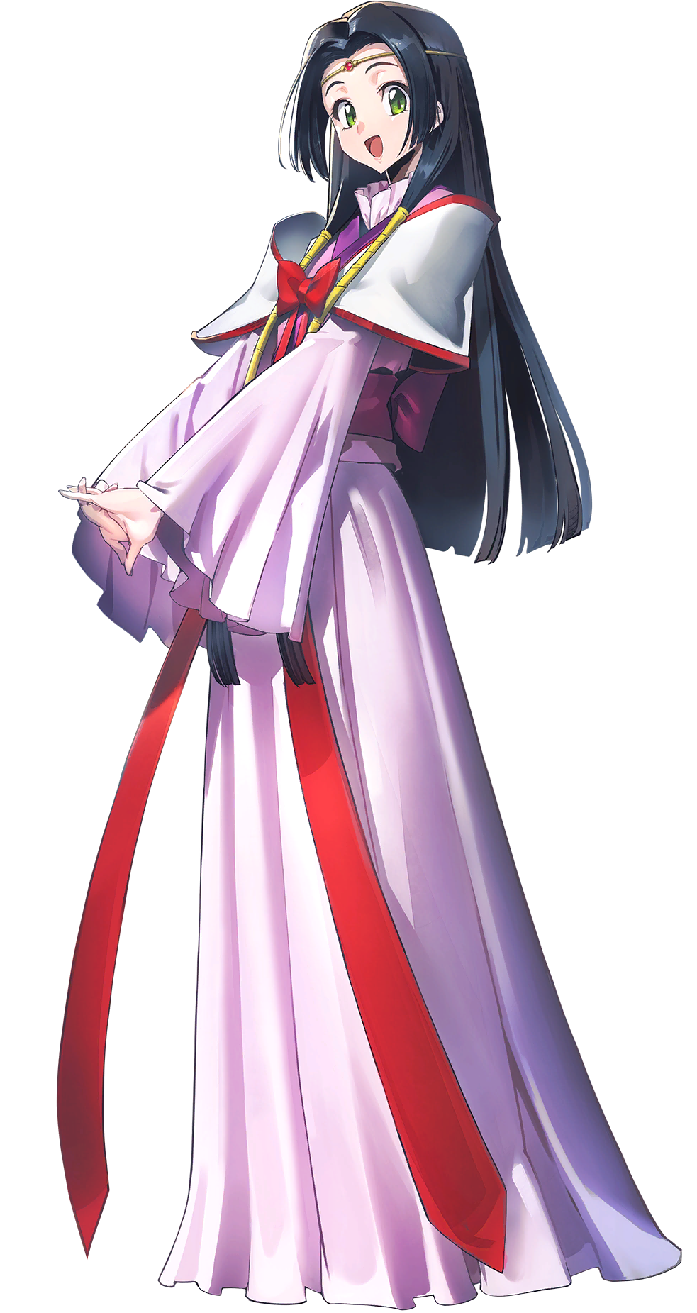 1girl black_hair bow code_geass code_geass:_genesic_re;code cropped_torso flat_chest gem green_eyes hair_intakes hair_tubes highres interlocked_fingers japanese_clothes jewelry kimono long_hair long_sleeves looking_at_viewer obi official_art open_mouth pink_kimono red_bow red_gemstone sash sidelocks simple_background smile solo standing straight-on sumeragi_kaguya transparent_background upper_body v-shaped_eyebrows very_long_hair wide_sleeves