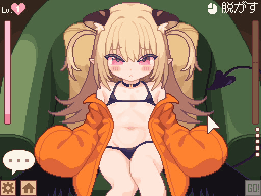 1girl animal_ear_fluff animal_ears animated animated_gif armchair assisted_exposure black_bra black_panties blonde_hair blush bra bra_lift breasts chair choker clothes_lift cursor demon_tail female_focus gameplay_mechanics jacket loli long_hair looking_at_viewer navel nipples no_entity on_chair open_clothes open_jacket open_mouth orange_jacket original panties pink_eyes pixel_art pointy_ears sitting small_breasts solo tail underwear user_interface