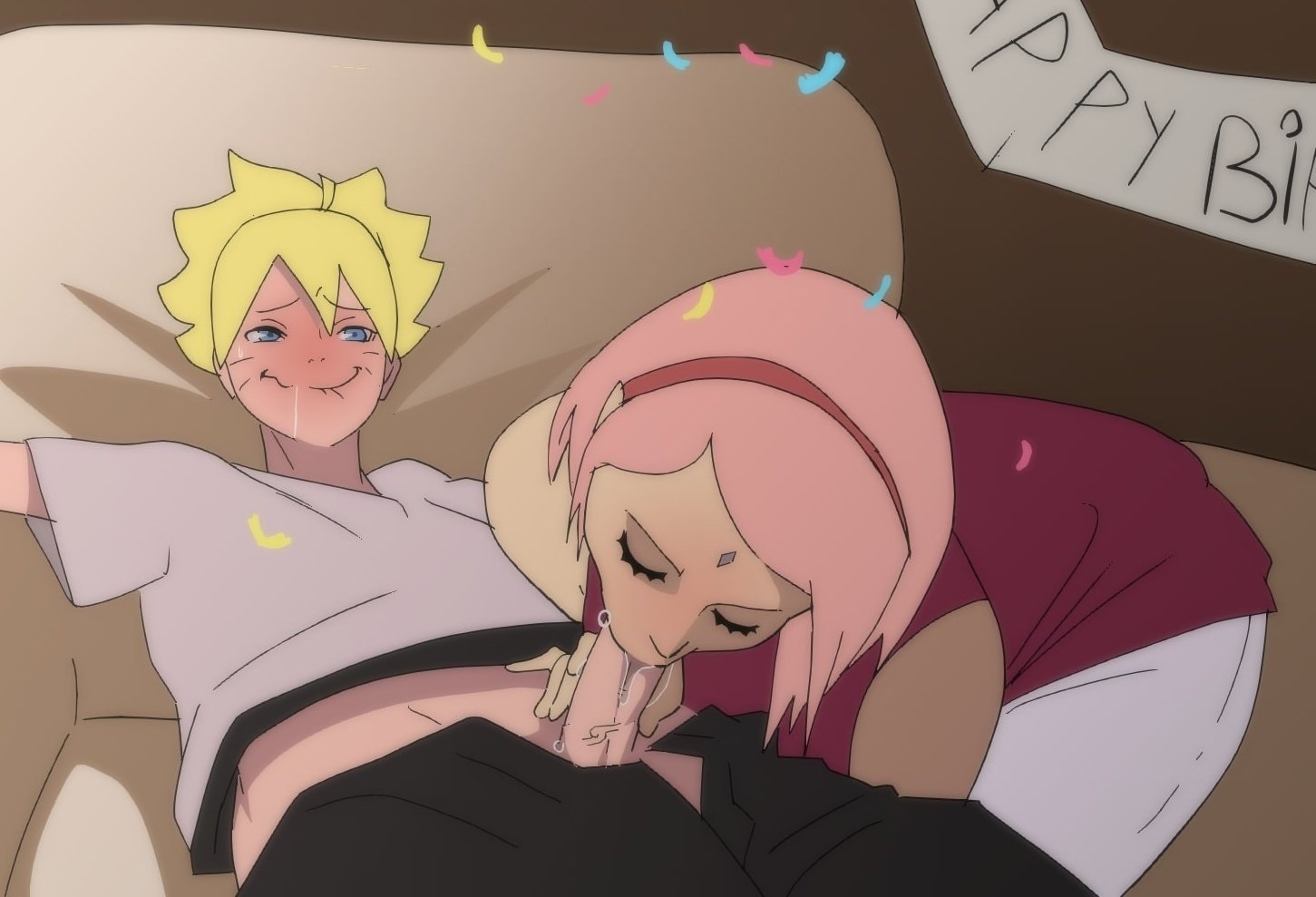 funhentaiparody, haruno sakura, uzumaki boruto, boruto: naruto next  generations, naruto (series), 1boy, 1girl, age difference, birthday, blonde  hair, blue eyes, blush, cheating (relationship), closed eyes, clothed sex,  facial mark, fellatio, forehead mark,