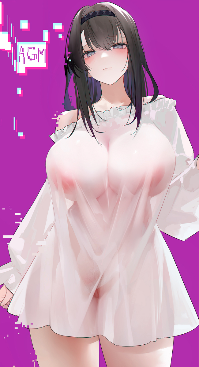 1girl arknights bare_shoulders blush bra breasts brown_hair cleavage commentary_request grey_eyes hairband highres large_breasts long_hair long_sleeves looking_at_viewer off_shoulder omone_hokoma_agm panties priestess_(arknights) red_bra red_panties see-through_cleavage see-through_clothes shirt solo thighs underwear white_shirt