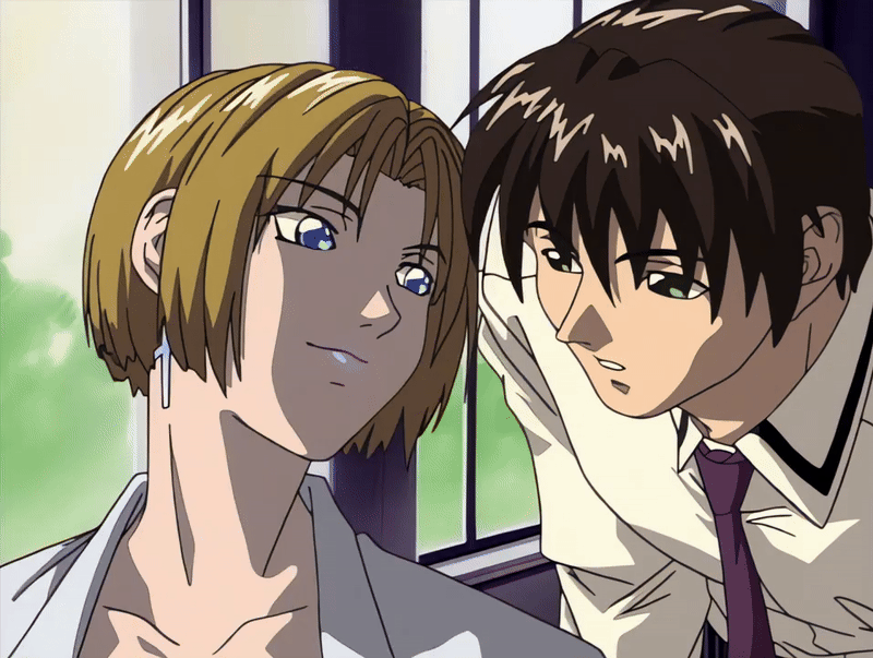 00s 1boy 1girl 2001 age_difference animated animated_gif bible_black bible_black_night_of_the_walpulgiss blonde_hair blue_eyes bow bowtie breasts cross cross_earrings earrings green_eyes jewelry kitami_reika lab_coat large_breasts licking licking_another's_cheek lipstick makeup minase_taki older_female_and_younger_male shirt short_hair tagme tongue tongue_out white_shirt witch