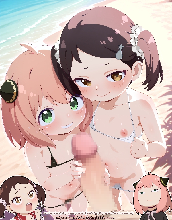 1boy 2girls age_difference anya_(spy_x_family) beach becky_blackbell bikini brown_eyes brown_hair censored cubson english_text erection flat_chest green_eyes hair_ornament hairclip hairpods loli micro_bikini mosaic_censoring multiple_girls navel nipples penis penis_grab pink_hair spy_x_family swimsuit water