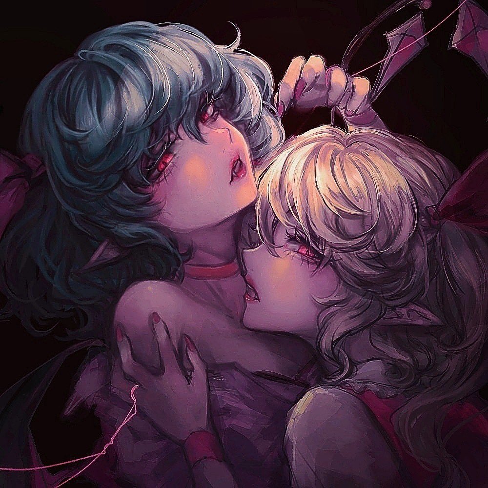 2girls bat_wings black_background blue_eyes choker claw_pose commentary_request fang flandre_scarlet hair_ribbon incest kyogoku-uru long_hair looking_at_viewer medium_hair multiple_girls pointy_ears red_choker red_eyes red_nails red_ribbon remilia_scarlet ribbon siblings sisters string string_of_fate touhou upper_body wings wrist_cuffs yuri