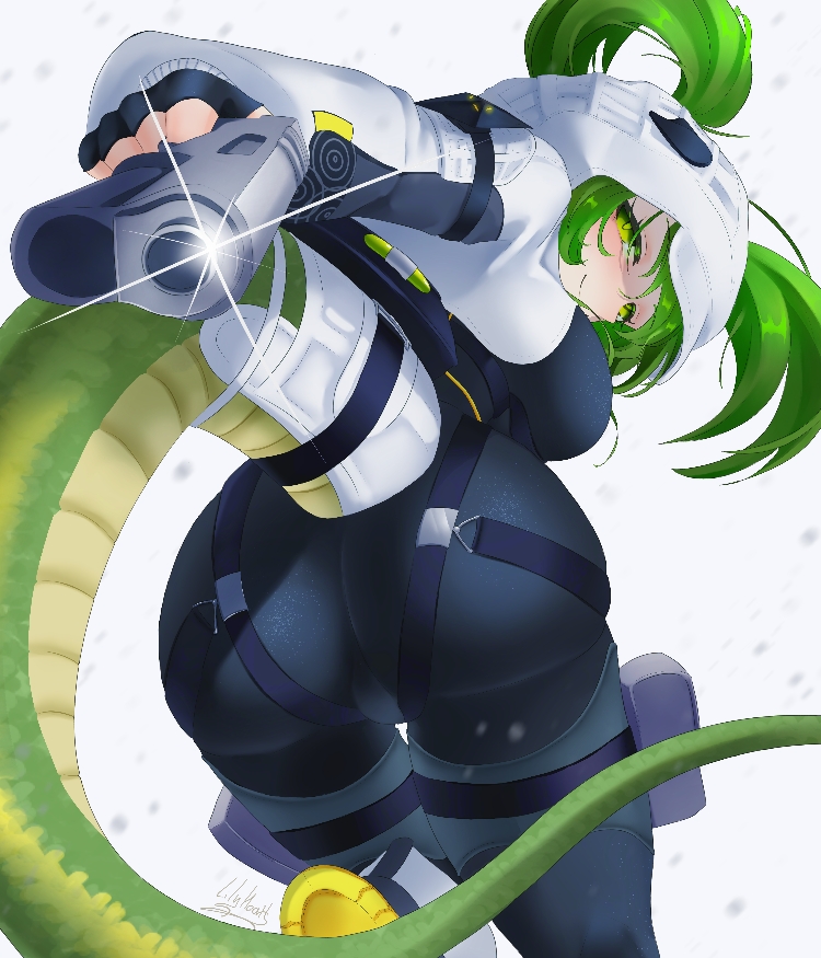 1girl aiming aiming_at_viewer arknights arknights:_endfield ass ass_focus blush bodysuit breasts cameltoe fluorite_(arknights) from_behind green_hair gun handgun hood huge_ass large_breasts lilyheart548 long_hair looking_at_viewer looking_back naughty_face sideboob skin_tight smile solo tail twintails weapon yellow_eyes