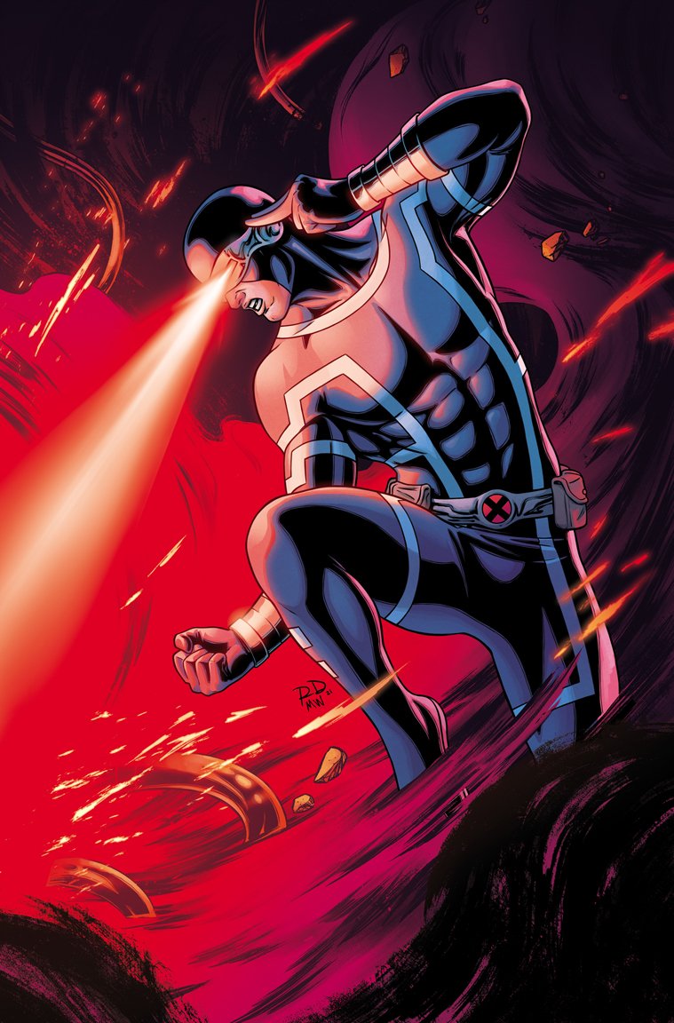 1boy black_bodysuit blue_trim bodysuit clenched_hand clenched_teeth comic_cover commentary covered_abs covered_pectorals cyclops_(x-men) english_commentary eye_beam initial looking_to_the_side male_focus marvel matt_wilson muscular muscular_male official_alternate_costume official_art pectorals profile red_background russell_dauterman scott_summers solo superhero_costume teeth western_comics_(style) x-men