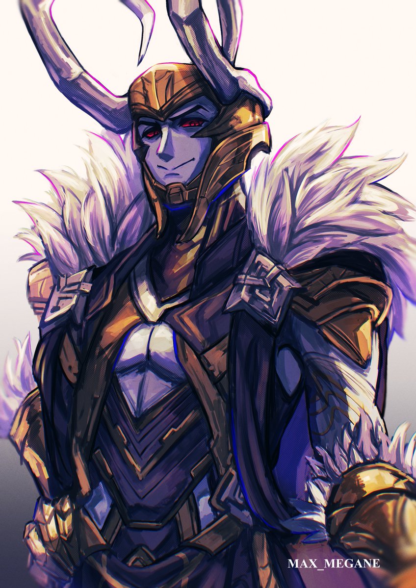 1boy alternate_form artist_name blue_skin cape cleavage_cutout clothing_cutout colored_sclera colored_skin commentary english_commentary fake_horns fur-trimmed_cape fur-trimmed_gloves fur_trim gloves gold_gloves hand_on_own_hip helmet hip_vent horned_helmet horns loki_(marvel) looking_down looking_to_the_side male_focus marvel marvel_rivals megane_(0max_megane0) muscular muscular_male pectoral_cleavage pectorals red_eyes red_sclera smile solo thor_(marvel)_(series) upper_body