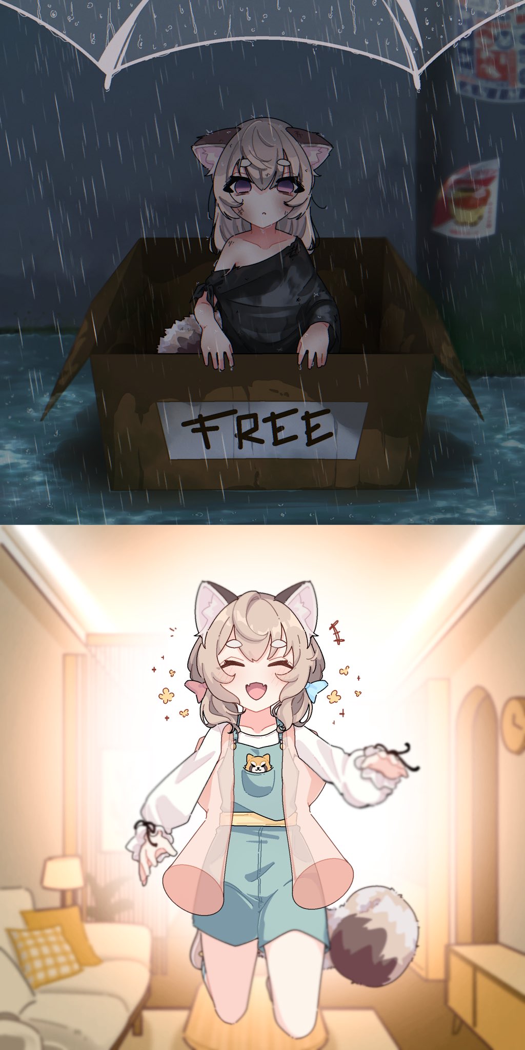 +++ 1girl abandoned animal_ear_fluff animal_ears before_and_after black_shirt blank_eyes box bright_background brown_hair cardboard_box clock collarbone commentary contrast couch day depressed english_commentary facing_viewer fangs for_adoption hair_ribbon happy highres hyurisaki indoors jumping komachi_panko looking_at_viewer messy_hair multiple_views night off_shoulder outdoors phase_connect rain red_panda_ears red_panda_girl red_panda_tail ribbon road sad second-party_source shirt short_hair skin_fangs street tail torn_clothes umbrella virtual_youtuber wet