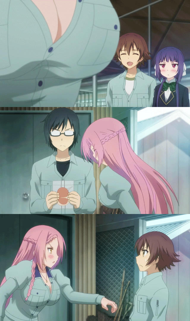 2boys 2girls animated animated_gif black_hair bouncing_breasts breasts brown_hair cleavage compilation huge_breasts long_hair multiple_boys multiple_girls no-rin overalls pink_hair purple_hair school_uniform screencap short_hair yoshida_kochou