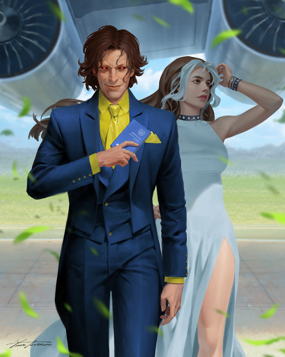 1boy 1girl aircraft airplane black_sclera blue_jacket blue_pants blue_suit blue_vest blurry blurry_background bracelet brown_eyes brown_hair colored_sclera commentary couple dress english_commentary formal_clothes gambit grass hetero highres holding jacket jewelry korean_text long_hair looking_up marvel multicolored_hair neckerchief official_art pants parted_hair passport red_eyes rogue_(x-men) runway shirt side_slit signature smile studded_bracelet studded_choker suit vest white_dress white_hair x-men yellow_neckerchief yellow_shirt yoon_junggeun