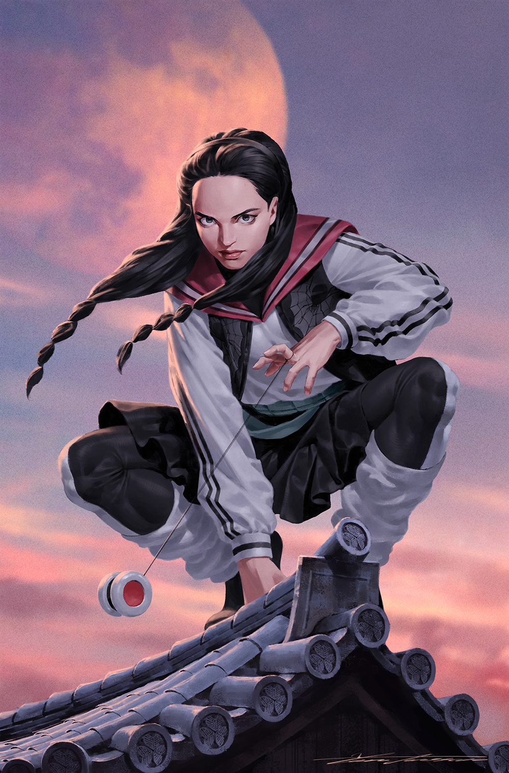 1girl black_eyes black_hair black_leggings black_skirt blue_sky braid brown_shoes comic_cover commentary demon_days_(marvel) english_commentary gradient_sky hair_pulled_back highres jacket leg_warmers leggings looking_at_viewer low_twin_braids marvel official_art orange_sky reina_(marvel) shirt shoes signature skirt sky solo spider_web_print squatting twin_braids white_leg_warmers white_shirt yo-yo yoon_junggeun