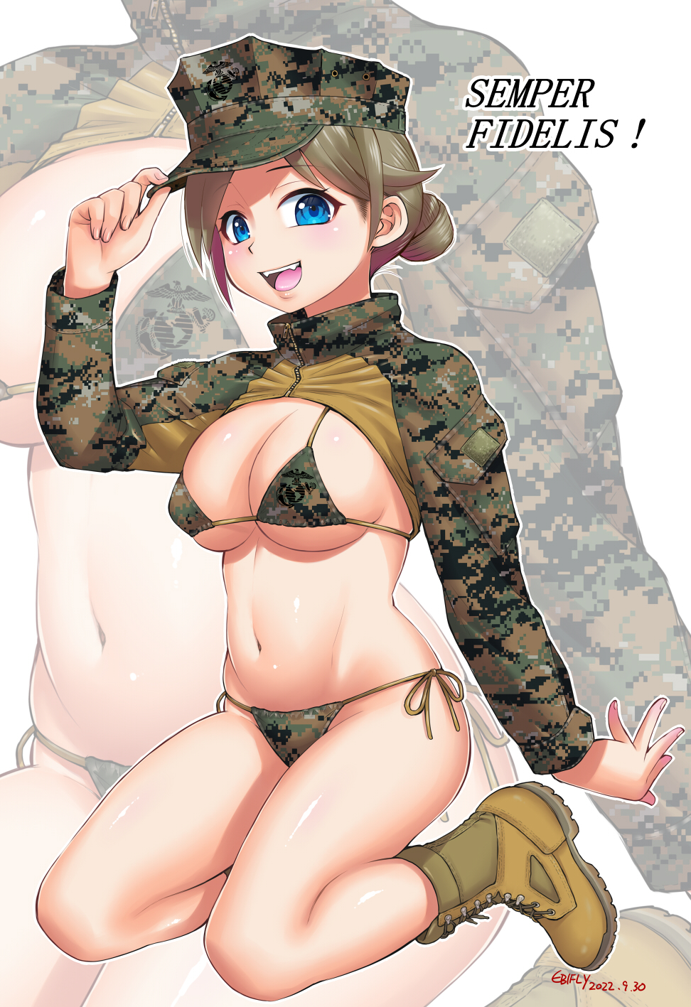 1girl :d bikini blue_eyes boots breasts camouflage camouflage_bikini commentary_request dated ebifly fangs green_bikini green_hat hand_on_headwear hand_up hat highres large_breasts latin_text long_sleeves looking_at_viewer navel open_mouth original shrug_(clothing) side-tie_bikini_bottom signature smile solo swimsuit united_states_marine_corps zoom_layer